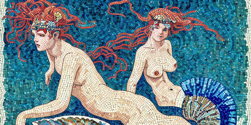 Prompt: ancient roman mosaic of bluehair mermaid with a shell bikini on sea floor, low ceiling, illustration by moebius, victo ngai, josan gonzales, katsuhiro otomo, clean thick line