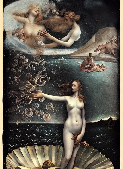 Image similar to old wetplate birth of venus, fractal, intricate, elegant, highly detailed, parallax, leica, medium format, subsurface scattering, by jheronimus bosch and greg rutkowski and richard avedon