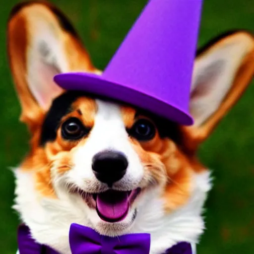 Image similar to a corgi wearing a purple party hat and a red bowtie