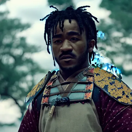 Image similar to cinematic film still of Lil Uzi starring as a Samurai holding fire, Japanese CGI, VFX, 2022, 40mm lens, shallow depth of field, film photography