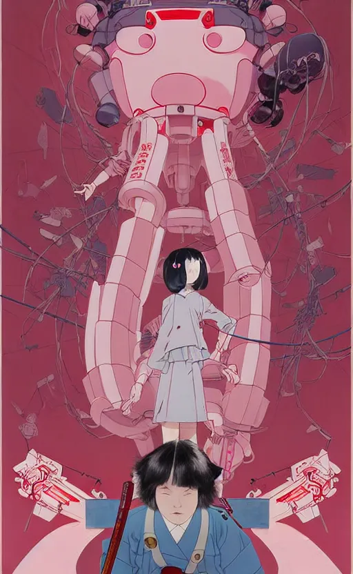 Image similar to Artwork by James Jean, Phil noto and hiyao Miyazaki ; a young Japanese future samurai police girl named Yoshimi battles an enormous looming evil natured carnivorous pink robot on the streets of Tokyo; Japanese shops and neon signage; crowds of people running; Art work by hiyao Miyazaki, Phil noto and James Jean