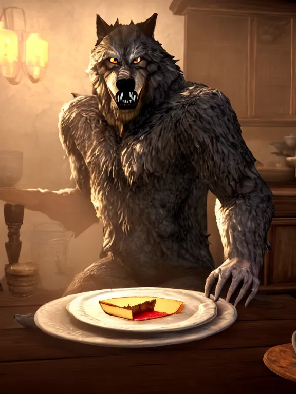 Image similar to cute handsome cuddly burly surly relaxed calm timid werewolf from van helsing sitting down at the breakfast table in the kitchen of a normal country home cooking having fun lighthearted whimsy whimsical baking strawberry tart cakes unreal engine hyperreallistic render 8k character concept art masterpiece screenshot from the video game the Elder Scrolls V: Skyrim