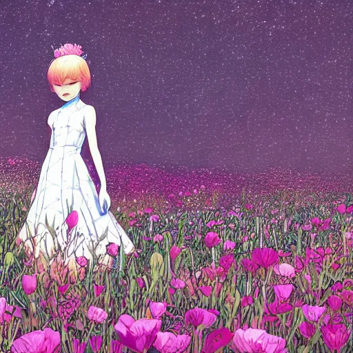 Image similar to a girl among a flower field thinks about space, graceful, an ultrafine detailed illustration by kim jung gi, bright colors, unreal engine 5 highly rendered, detailed and intricate environment