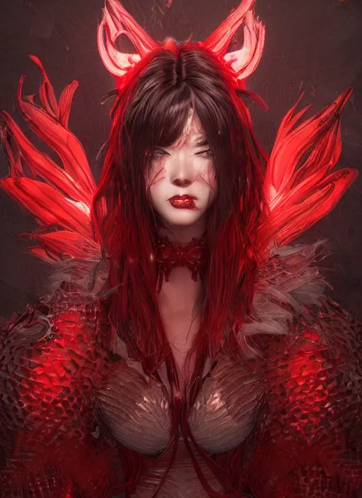 Prompt: angry kitsune woman, fluent composition, red and white neon, concept art, ambient light, 4 k, intricate details, highly professionally detailed, realistic, cgsociety, highly detailed -