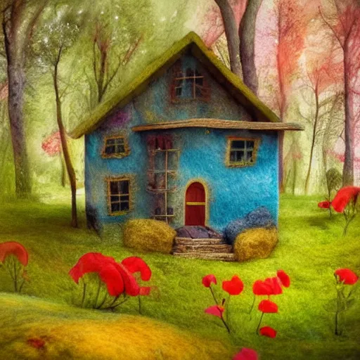 Prompt: small wooden house in the middle of spring forest, bright colours, watercolor, volumetric wool felting, macro photography, children illustration, by michael hutter