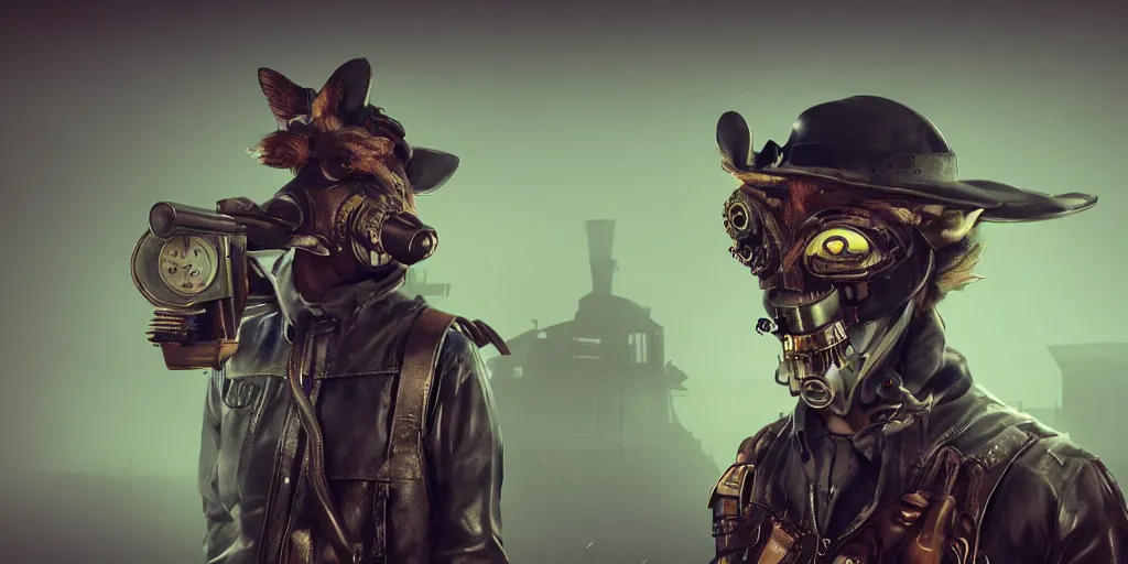 Image similar to gamekeeper wearing a steampunk and neonpunk mechanical fluorescent mystical animal mask in strange misty estuary landscape, night, realism in style of fornite game, 4 k, octane render, award winning photograph, epic cinematic shot, perfectly defined features, ambient occlusion