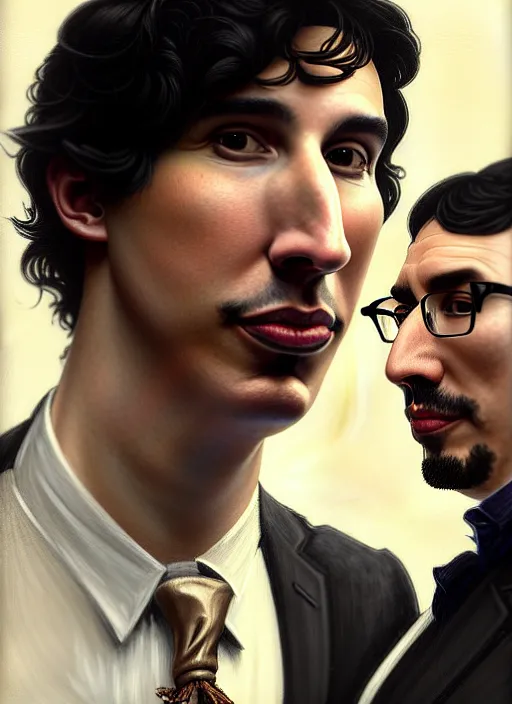 Image similar to painting of both john oliver and adam driver together, john oliver in front, full body, elegant, beautiful, highly detailed, centered, dark, smokey, digital painting, concept art, smooth, sharp focus, illustration, deviant art, art by artgerm, art by greg rutkowski, art by alphonse mucha