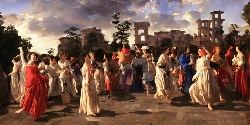 Prompt: crowd of pulcinellas dancing in groups among giant renaissance ruins with stunning evening dusk sunlight dappled light and god rays, old dutch era master painting by hsiao - ron cheng, miho hirano, john singer sargent