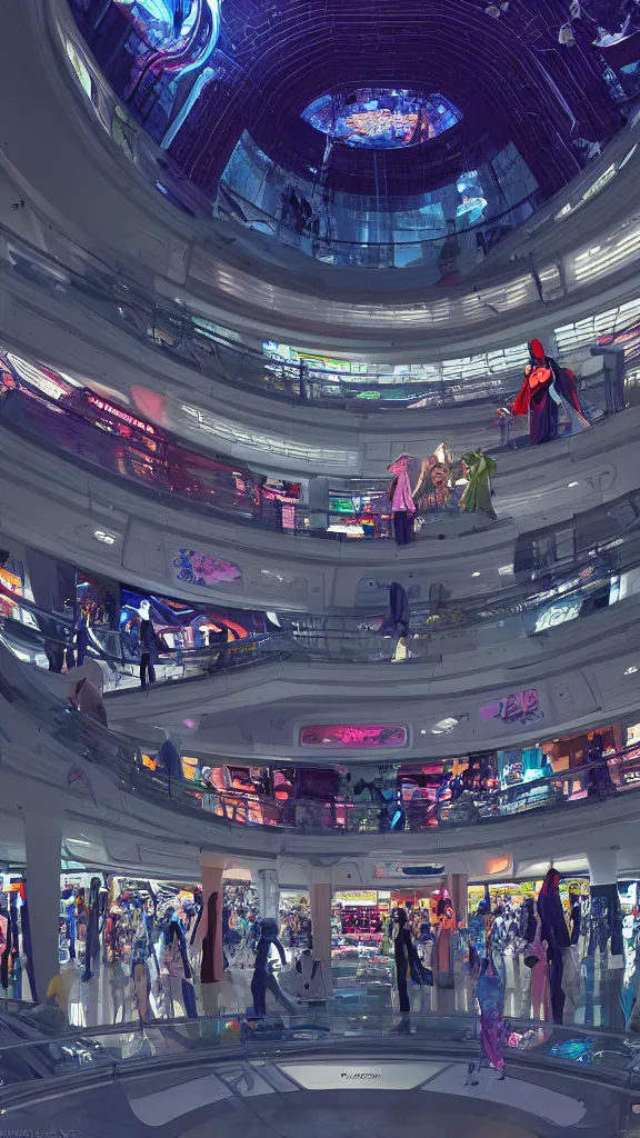 Image similar to interior of pristine intergalactic spaceship, department shopping mall, complex escalator system, futuristic glowing temple with fashion mannequins display, at night and cluster of shopping customers, by makoto shinkai, moebius!, oliver vernon, joseph moncada, damon soule, manabu ikeda, kyle hotz, dan mumford, by kilian eng