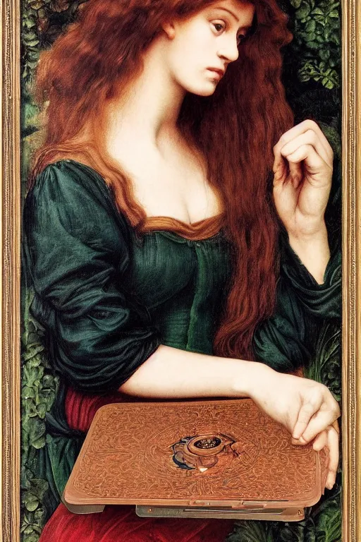 Prompt: a pre raphaelite painting of brigitte bardot, bored, looking at her rosegold macbook air by dante gabriel rossett