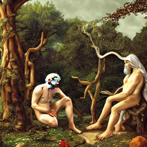 Image similar to white - bearded, god, contemplating adam and eve's future, in the garden of eden - sorcerer, detailed, futuristic, photo - realistic, digital art