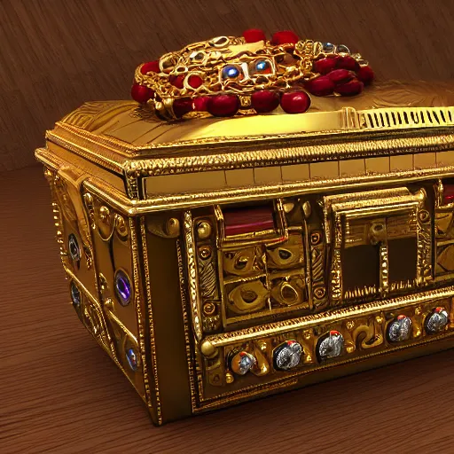 Prompt: A Dwemer chest filled with jewels and golden artefacts, 4k, hdri, museum quality photo