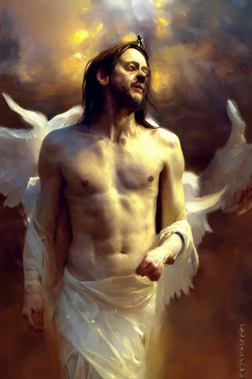 Image similar to beautiful detailed expressive impressionistic oil painting portrait of ancient roman god emperor steve buscemi levitating in angelic pose wearing the civic crown, art by anders zorn, wonderful masterpiece by greg rutkowski, expressive brush strokes, beautiful cinematic light, american romanticism by greg manchess, jessica rossier