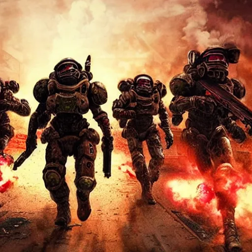 Image similar to hyper realism, surrealism, realistic apocalyptic war scene, explosions, science - fiction soldiers running with armour like doom slayer in the middle of explosions and bullets, view from far away,