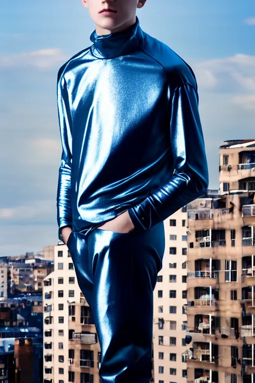 Image similar to un ultra high definition studio quality photographic art portrait of a young man standing on the rooftop of a british apartment building wearing soft padded silver pearlescent clothing. three point light. extremely detailed. golden ratio, ray tracing, volumetric light, shallow depth of field. set dressed.