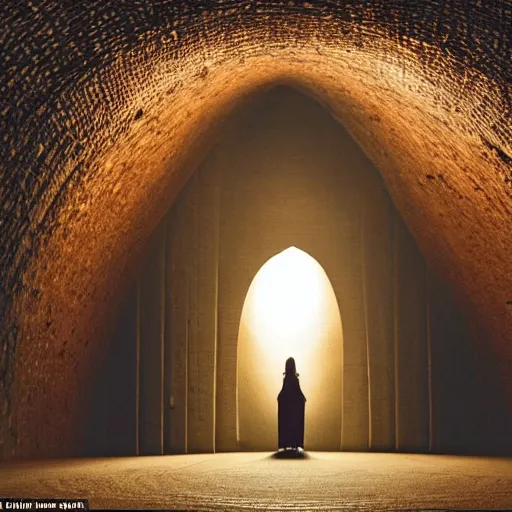 Image similar to The long black tunnel opened to the right of the throne. The only light in it was what filtered from above, and that very dimly; but when the queen looked up she saw that its vaulted roof rose high above her head into unknown heights beyond the circle of her lamp.