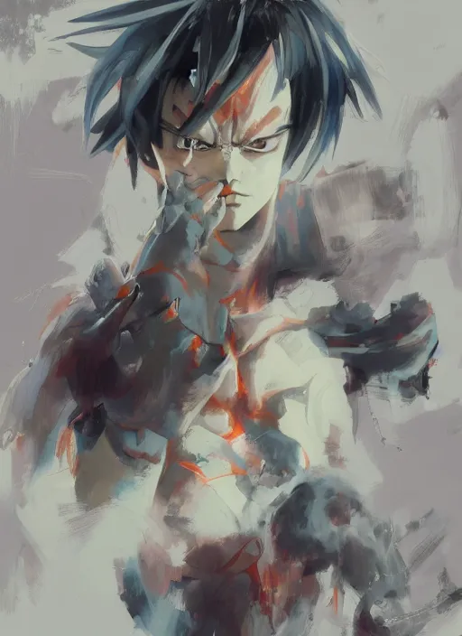 Image similar to surreal gouache gesture painting, by yoshitaka amano, by ruan jia, by Conrad roset, by good smile company, detailed anime 3d render of a gesture draw pose for Goku, portrait, cgsociety, artstation, rococo mechanical, Digital reality, dieselpunk atmosphere, gesture drawn