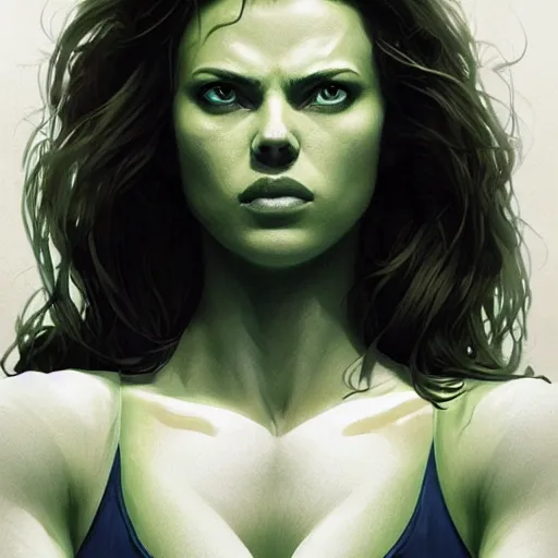 Image similar to she hulk, played by scarlett johannson, beautiful, cinematic, head and shoulders, trending on artstation, digital art, hyper realistic, striking pose, by greg rutkowski