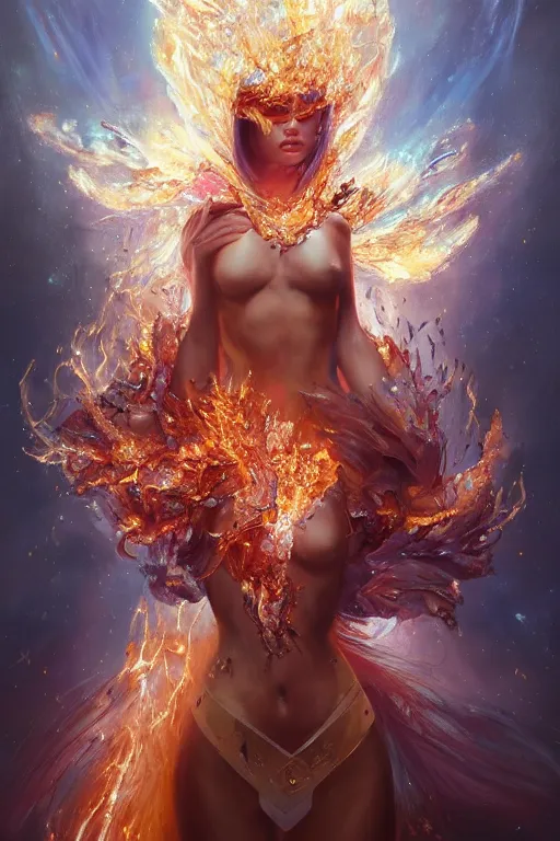 Prompt: torso closeup model wearing exploding fire crystal dress, jewels sorcerer, diamonds, angel, fantasy, dramatic lighting, highly detailed, digital painting, holding electricity, magic the gathering, hyper detailed, 3 d render, hyper realistic detailed portrait, peter mohrbacher, wlop, ruan jia