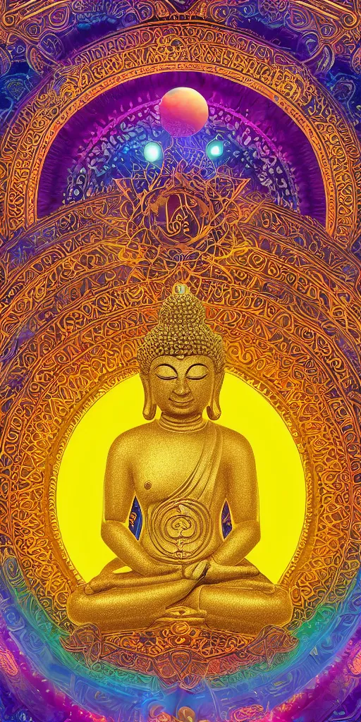 Image similar to rainbowcore, golden buddha glowing, surrounded by lotus, with the sun shining with the moon, with detailed mandala filled with fractals, bioluminescence, glowing runes, de-noise, symmetrical composition, high detailed, ornate border, 8k, vray,