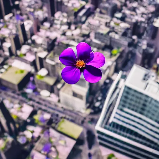 Image similar to closeup photo of purple flower petal flying above a city, aerial view, shallow depth of field, cinematic, 8 0 mm, f 1. 8