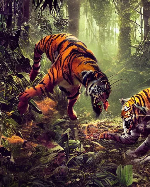 Prompt: a strong knight is facing a horrific, ravenous tiger in a densely overgrown, eerie jungle, fantasy, stopped in time, dreamlike light incidence, ultra realistic