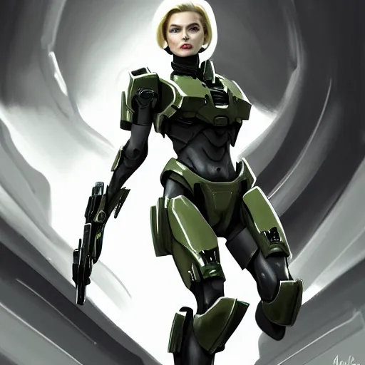 Image similar to A combination of Ada Wong's and Grace Kelly's and Ashley Greene's appearances with blonde hair wearing Master Chief's armor from Halo, high tech, action shot, angular, full body portrait, futuristic, dramatic, fantasy, intricate, elegant, highly detailed, digital painting, artstation, concept art, matte, sharp focus, illustration, 8K, art by Donato Giancola and James Gurney