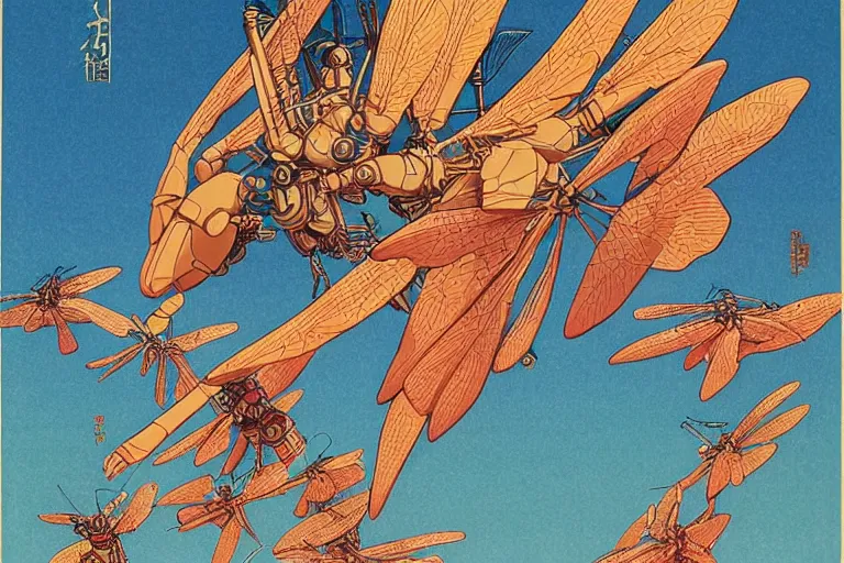 Image similar to gigantic dragonflies with human faces catch tiny robots, a lot of exotic mechas robots around, human heads everywhere, risograph by kawase hasui, dirtyrobot, edward hopper, satoshi kon and moebius, colorful flat surreal design, super - detailed, a lot of tiny details, fullshot