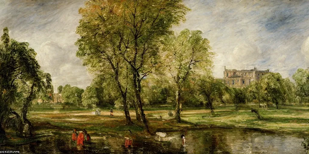 Prompt: Portrait of a park with a lake and large Manor house in the background, well lit, colourful, detailed, painting in the style of John Constable
