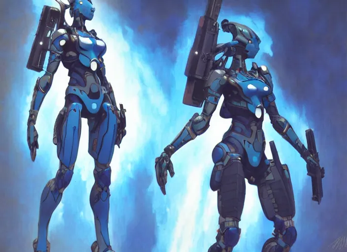 Image similar to character design digital 2 d women indian evangelion cyborg blue armor with and hologram gun by gaston bussiere, anna nikonova aka newmilky, greg rutkowski, yoji shinkawa, yoshitaka amano, tsutomu nihei, muira, moebius, donato giancola, trending on artstation, featured on pixiv