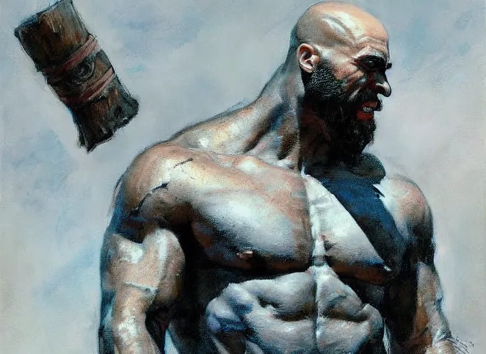 Image similar to a highly detailed beautiful portrait of the rock as kratos, by gregory manchess, james gurney, james jean