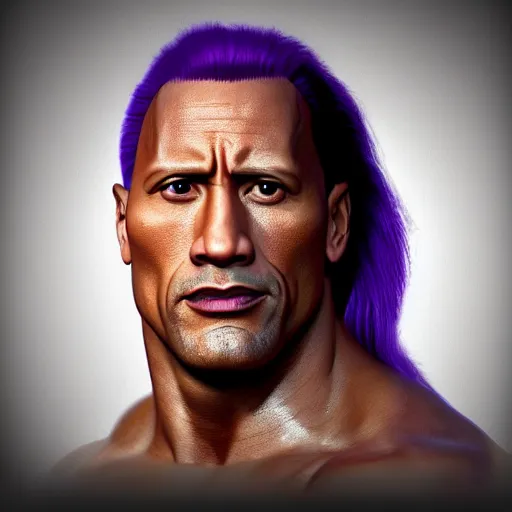 Image similar to Dwayne Johnson with long purple hair, 4k, 8k, trending on artstation, artstationHD, artstationHQ, photorealistic imagery