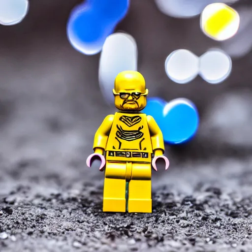 Image similar to macro photo of a miniature lego walter white minifigure, canon 8 0 d, canon 1 0 0 mm f / 2. 8, 4 k,