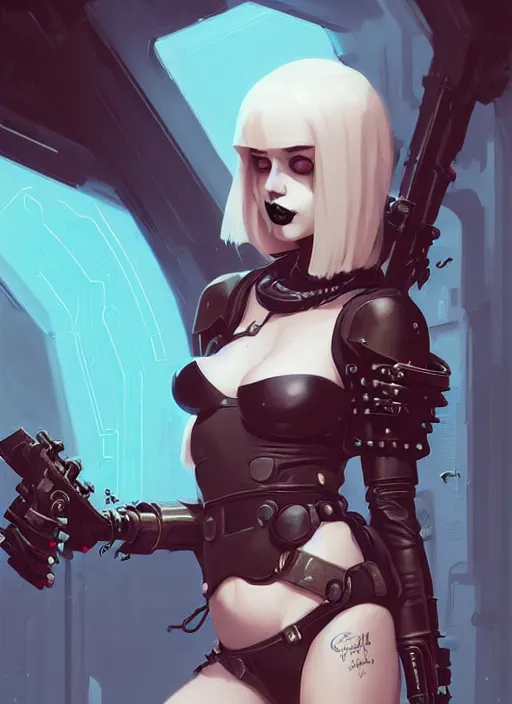 Image similar to portrait of cute goth girl in cyber bikini armor, warhammer, cyberpunk, by atey ghailan, by greg rutkowski, by greg tocchini, by james gilleard, by joe fenton, by kaethe butcher, by gustav klimt, dynamic lighting, gradient light blue, brown, blonde cream and white color in scheme, grunge aesthetic