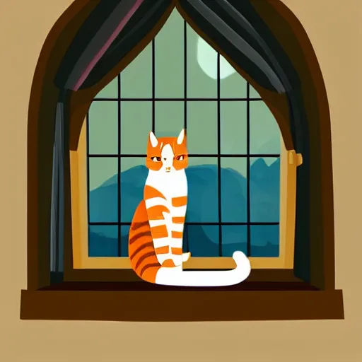 Image similar to a beautiful landscape including a waterfall and a forest through a window, cat sitting on the edge of the window, illustration, digital art, trending on artstation, no signature