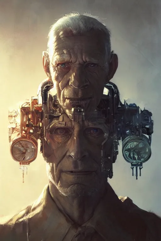 Prompt: beautifull portrait of an old cyborg grandfather, borg, dramatic backlighting, golden hour, autochrome, high contrast, highly detailed, sharp focus, digital painting, concept art, illustration, trending on artstation, art by greg rutkowski and ruan jia and greg hildebrandt