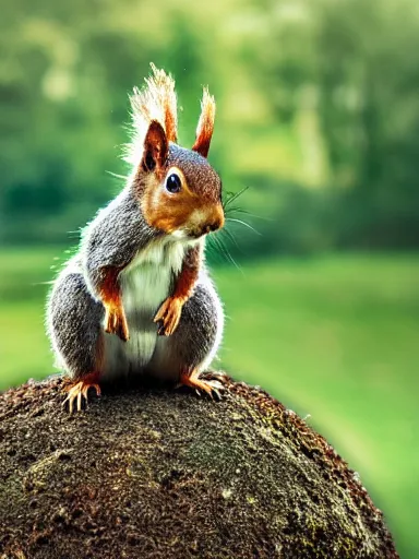 Image similar to a squirrel as king arthur, extremely plump, wearing crown of acorns and dandelions, crown, crown, servant squirrels, king arthur's court, game of thrones, sitting on throne, extreme wide shot, low angle, palace, fantasy art, cinematic lighting, realistic, sony 2 4 mm f 8. 0