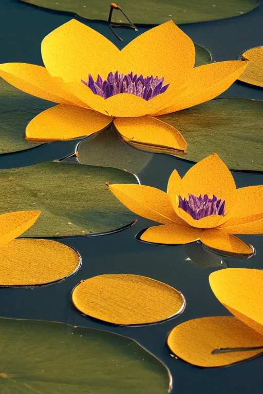 Image similar to lilyPads with Lotus flowers in the golden hour, paper cut art, close up, DOF, 8k, artstation,