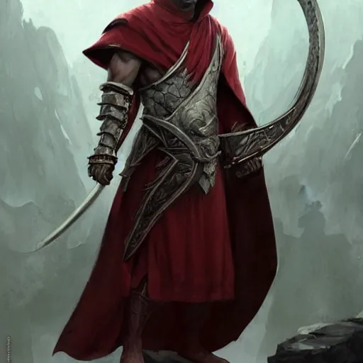 Image similar to a portrait of a red - skinned dragonborn monk with draconic face, in a plain white monk's robe white robe, holding a long spear with a black tip, fantasy art by greg rutkowski