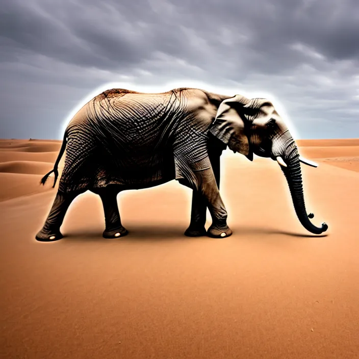 Image similar to photo of an elephant made of sand in the middle of a very sandy desert storm sand, 4 k, hdr, smooth, sharp focus, high resolution, award - winning photo