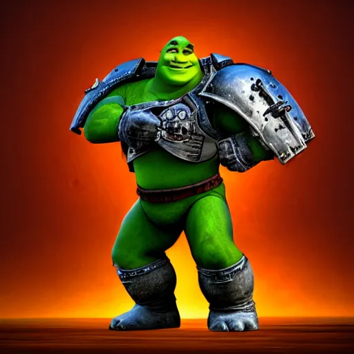 Image similar to shrek wearing warhammer space marine armor art 4 k deviantart artstation dynamic pose no helmet