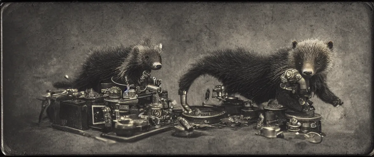 Prompt: detailed daguerreotype of a honey badger as watchmaker in workshop, steampunk vintage style, wet collodion, steampunk mechanism, sepia, monochrome black and white, artistic photo from late xix century, high resolution, dark atmosphere