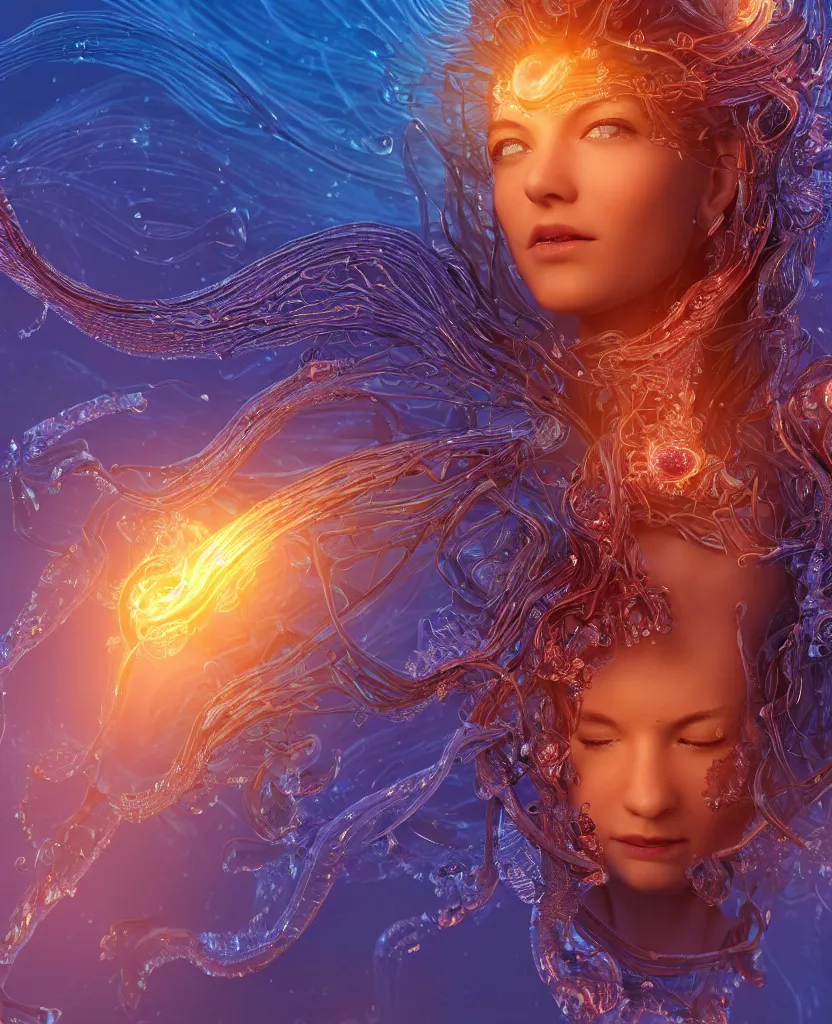 Image similar to close-up macro portrait of the face of a beautiful princess, epic angle and pose, symmetrical artwork, 3d with depth of field, blurred background, cybernetic jellyfish female face skull phoenix bird, translucent, nautilus, energy flows of water and fire. a highly detailed epic cinematic concept art CG render. made in Maya, Blender and Photoshop, octane render, excellent composition, cinematic dystopian brutalist atmosphere, dynamic dramatic cinematic lighting, aesthetic, very inspirational, arthouse. y Greg Rutkowski, Ilya Kuvshinov, WLOP, Stanley Artgerm Lau, Ruan Jia and Fenghua Zhong