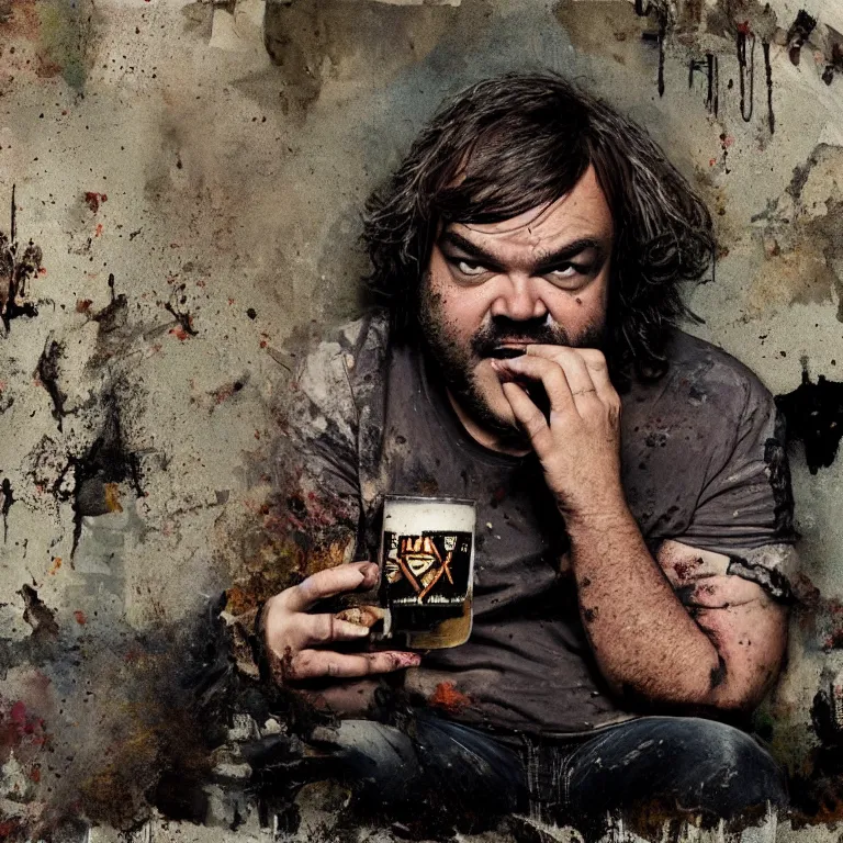 Prompt: a dirty grunge painting with dark and muted colors of jack black in his underwear sitting on the couch drinking beer. an apartment full of dirt with torn wallpaper in the background. matte painting, complex massive detail.