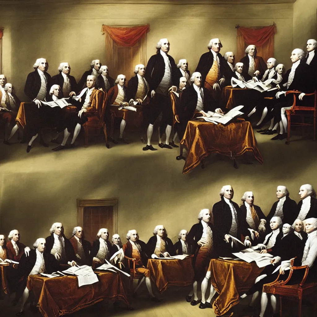 Prompt: the founding fathers as cats signing the declaration of independence, by john trumball