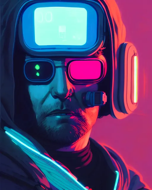 Image similar to cyberpunk synth, photographic, hyper - realistic detailed portrait of a man in a hoodie, with neon visor, dynamic pose, by atey ghailan, by greg rutkowski, by greg tocchini, by james gilleard, by joe fenton, by kaethe butcher, sharp focus