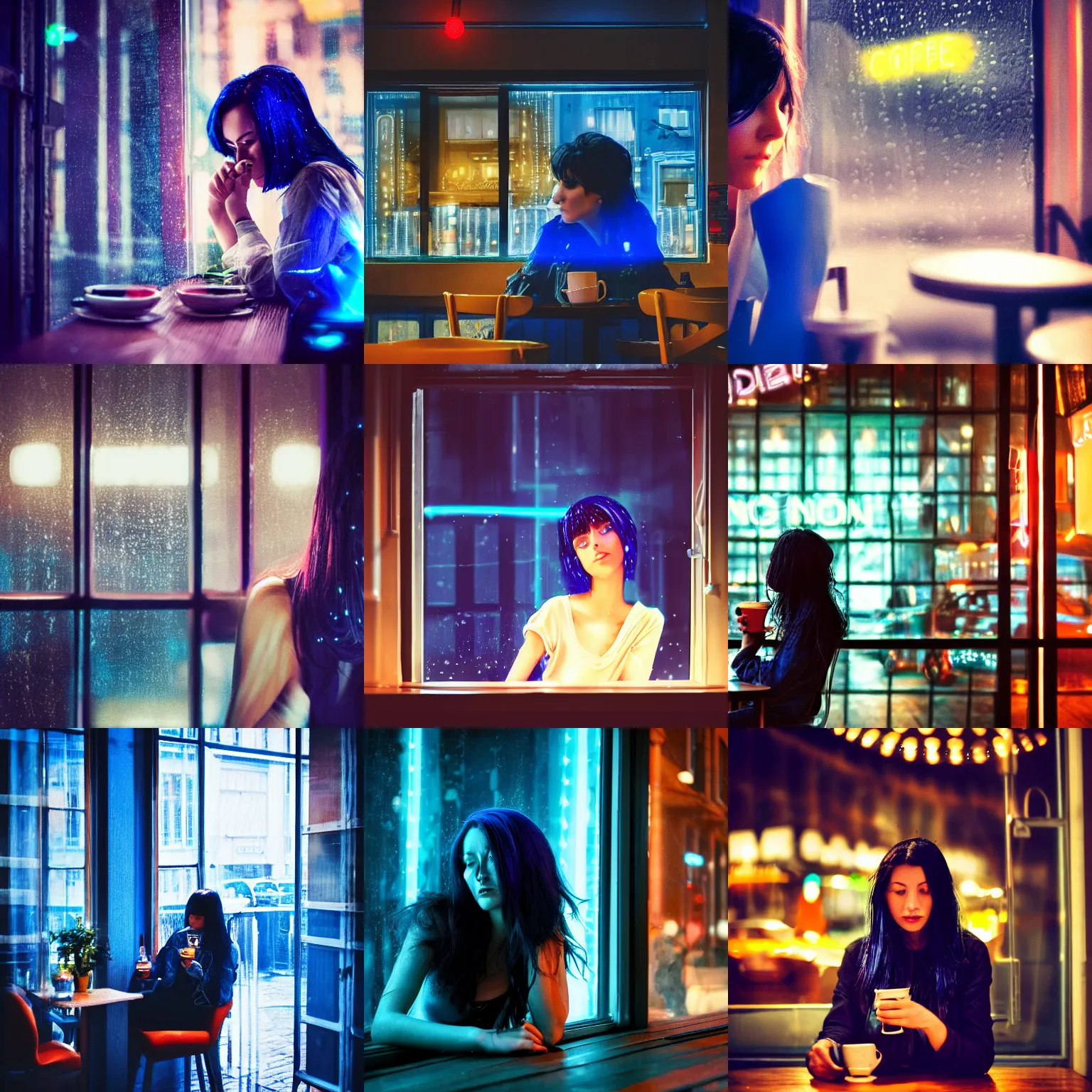 Prompt: beautiful photograph of a woman with dark-blue hair sitting in a cafe next to a window on a rainy night, outside are neon lights from a dense city, award winninh photo, artstation, atmospheric, high detail