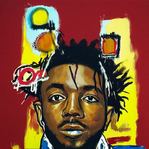 Prompt: A painting of Kendrick Lamar by Jean-Michel Basquiat