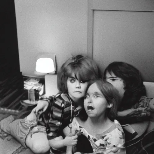 Image similar to extra terrestrial vaguely shown in corner of a living room in 1 9 7 3, family time, fuji film