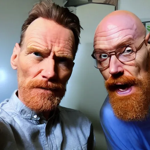 Prompt: Jerma taking a selfie with Bald Bryan Cranston with a goatee in Albuquerque, New Mexico with a yellow filter, real life, hyperrealistic, ultra realistic, realistic, highly detailed, epic, HD quality, 8k resolution, body and headshot, Trending on Artstation, very realistic